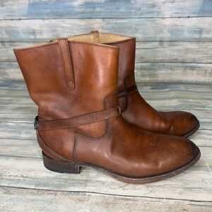 Frye Lindsay Plate Short Leather Boots Womens 6 Cognac Stone Wash
